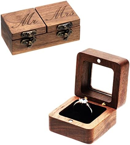COSISO 2 Csomag Fa Gyűrű Doboz Esküvői Szertartás (Mr &Mrs Nehéz + ASquare Egyetlen Fekete)