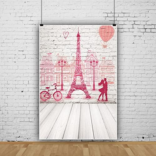 5x7ft Eiffel-Torony Hátteret,Rusztikus Tégla Fal Vázlat Rózsaszín Eiffel-Torony Kerékpár Szerelmeseinek, Léggömb, Parti Háttér