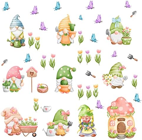 SUPERDANT Gnome Fali Matricák 44pcs Virágos Kert, Virágos Meghámozzuk, majd Bottal Wall Art Matricák Pillangó Wall Art Dekoráció