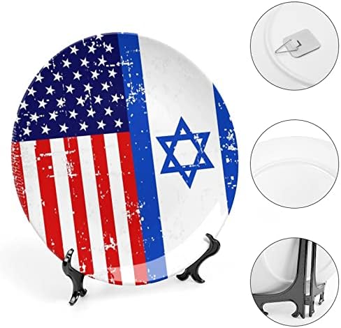 Amerikai Izraeli Zászló Vicces porcelán Díszítő Tányér Kerek Kerámia lapok Kézműves Display Állvány Home Office Fali Dekoráció