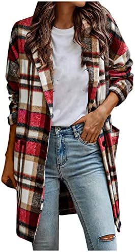 Női Kockás Kockás Shacket Kabátok Hosszú Kabát Alkalmi Plus Size Gyapjúból Árok Kabát Hajtókáját Gomb Le Outwear