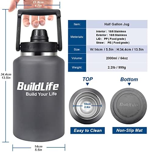 BuildLife Fél Liter Víz, Üveg, Hőszigetelt - 64 OZ Rozsdamentes Acél Palackok Széles Száj, Szalma Fedél szivárgásmentes Újrafelhasználható